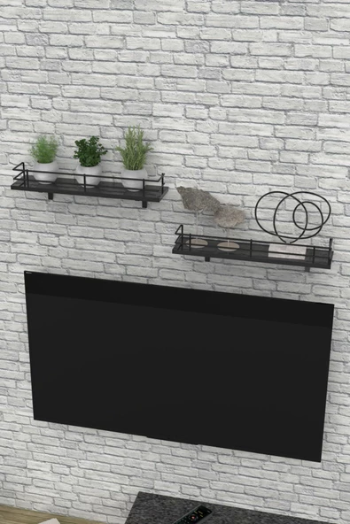 Modern Tasarımlı Metal Korkuluklu Siyah Ahşap Duvar Rafı İkili - Resim 5