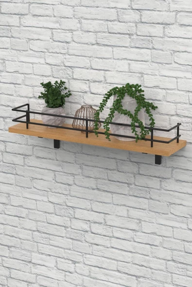 Modern Tasarımlı Metal Korkuluklu Ahşap Duvar Rafı - Resim 4