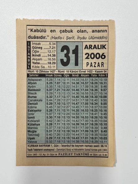 31 Aralık 2006 Takvim Yaprağı - Nostaljik Koleksiyonluk Takvim Yaprağı ürün görseli
