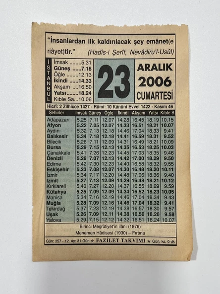 23 Aralık 2006 Takvim Yaprağı - Nostaljik Koleksiyonluk Takvim Yaprağı ürün görseli