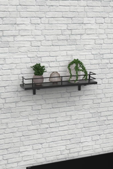 Modern Tasarımlı Metal Korkuluklu Siyah Ahşap Duvar Rafı - Resim 6