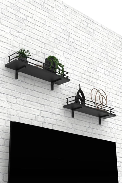 Modern Tasarımlı Metal Korkuluklu Siyah Ahşap Duvar Rafı İkili - Resim 2