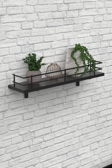 Modern Tasarımlı Metal Korkuluklu Siyah Ahşap Duvar Rafı - Resim 3