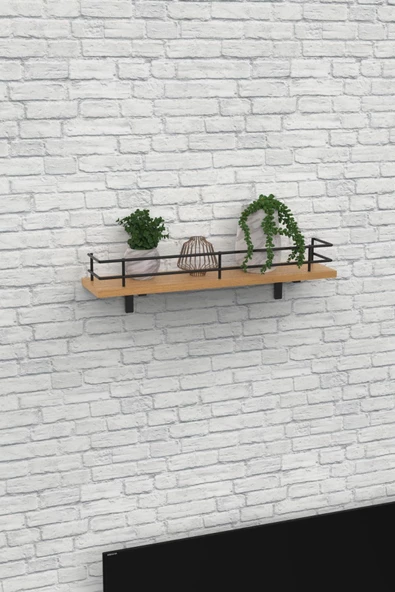 Modern Tasarımlı Metal Korkuluklu Ahşap Duvar Rafı - Resim 5