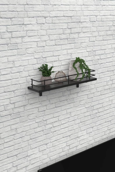 Modern Tasarımlı Metal Korkuluklu Siyah Ahşap Duvar Rafı - Resim 5