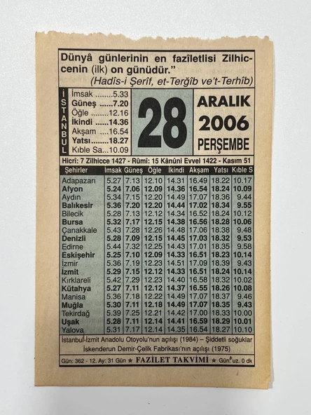 28 Aralık 2006 Takvim Yaprağı - Nostaljik Koleksiyonluk Takvim Yaprağı ürün görseli