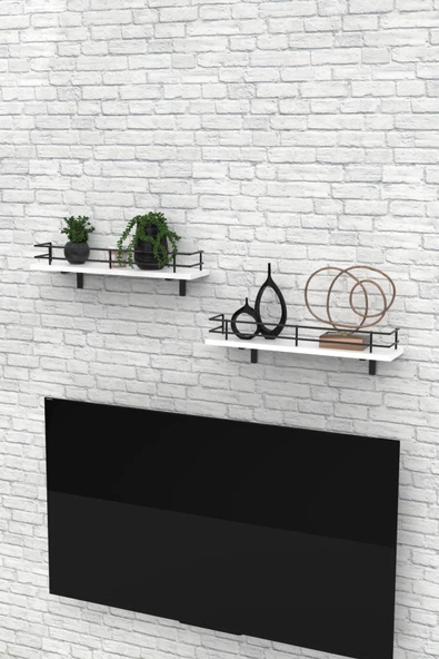 Modern Tasarımlı Metal Korkuluklu Beyaz Ahşap Duvar Rafı İkili - Resim 5