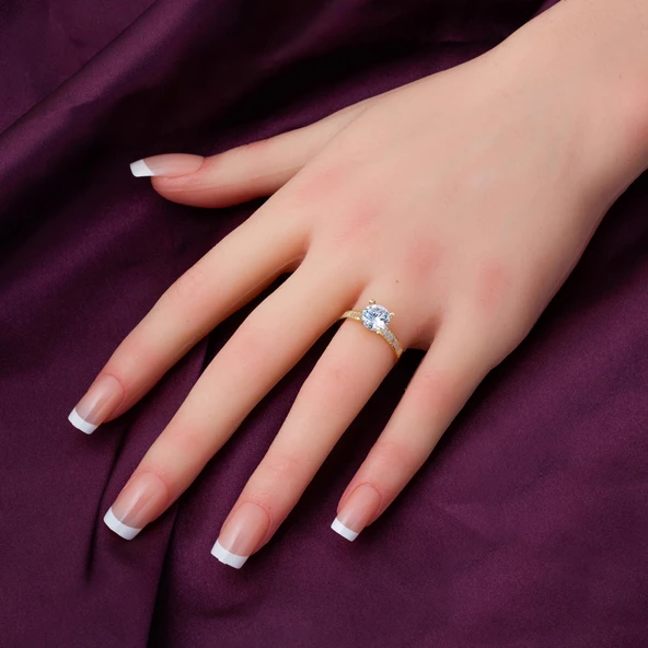 Kolları Bagetli Tektaş Altın Yüzük 14 Ayar - Resim 2