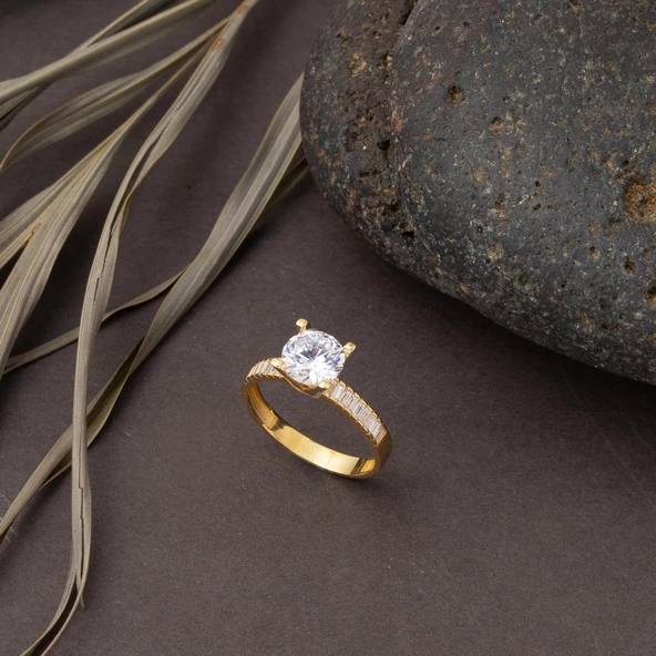 Kolları Bagetli Tektaş Altın Yüzük 14 Ayar - Resim 3