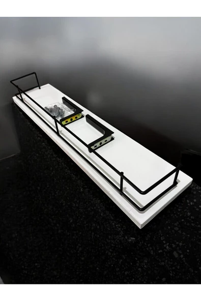 Modern Tasarımlı Metal Korkuluklu Beyaz Ahşap Duvar Rafı İkili - Resim 7