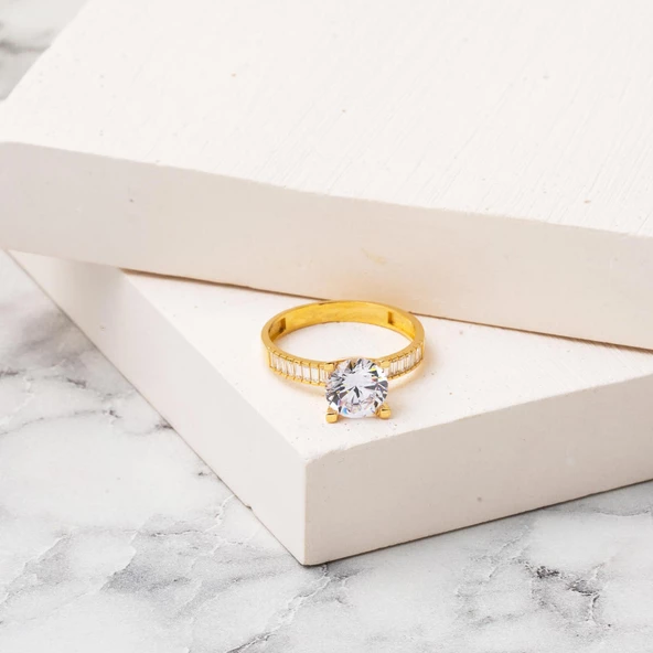 Kolları Bagetli Tektaş Altın Yüzük 14 Ayar - Resim 4