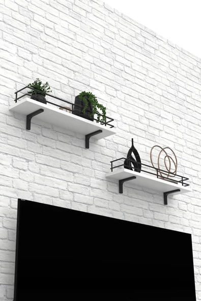 Modern Tasarımlı Metal Korkuluklu Beyaz Ahşap Duvar Rafı İkili - Resim 2