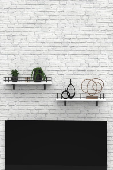 Modern Tasarımlı Metal Korkuluklu Beyaz Ahşap Duvar Rafı İkili - Resim 4