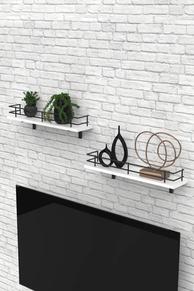 Modern Tasarımlı Metal Korkuluklu Beyaz Ahşap Duvar Rafı İkili - Resim 3