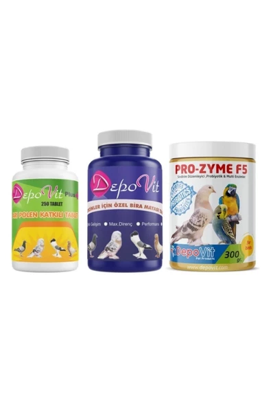 3 Lü Güvercin Yavru Bakım Ve Sağlık Seti-Depovit 300Gr Prozyme+Depovit Yavru Hapı+Depovit Arı Polen