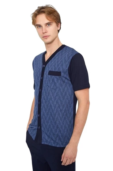 Kly Jakarlı Kısa Kol Önden Düğmeli Gömlek Erkek Pijama Takım - 7