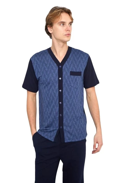 Kly Jakarlı Kısa Kol Önden Düğmeli Gömlek Erkek Pijama Takım - 6