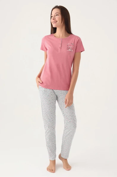 Arnetta Patlı Düğmeli Yaka %100 Pamuk Bayan Pijama Takım - 10