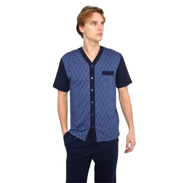 Kly Jakarlı Kısa Kol Önden Düğmeli Gömlek Erkek Pijama Takım - 2