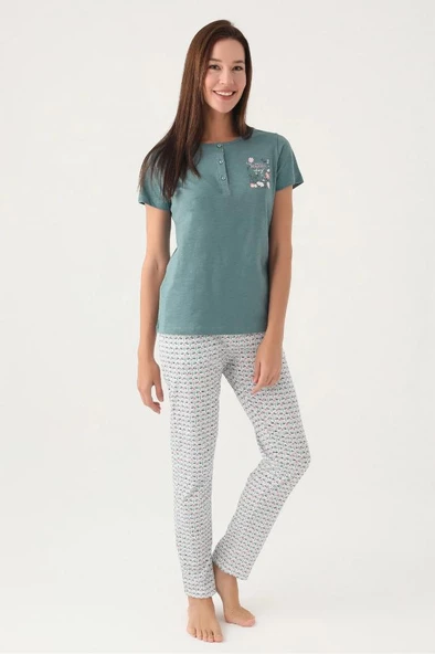 Arnetta Patlı Düğmeli Yaka %100 Pamuk Bayan Pijama Takım - 7
