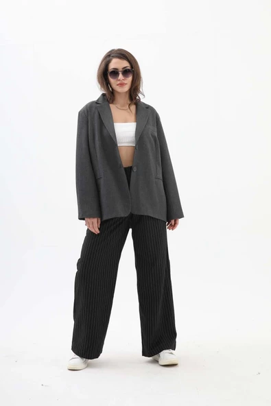 Kadın Kruvaze Yaka Oversize Blazer Ceket - Antrasit