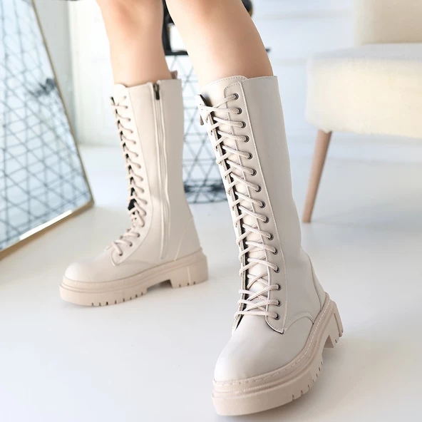 Mennd Bej Cilt Bağcıklı Çizme - 4