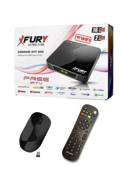 FURY Android Tv Box - Çanaksız Tv Izleme - Medya Oynatıcı 16gb Hafıza Dahili Wifi - Kablosuz Mouse - 6