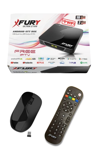FURY Android Tv Box - Çanaksız Tv Izleme - Medya Oynatıcı 16gb Hafıza Dahili Wifi - Kablosuz Mouse - 4