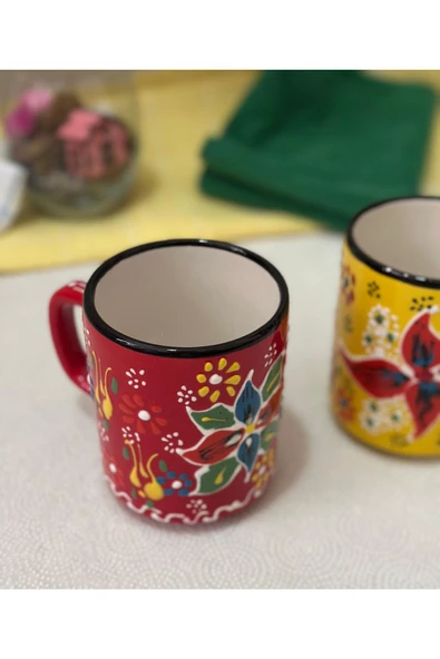 Çini El İşlemeli Seramik Dantel Desen 2li Sarı/Kırmızı Kupa Bardak - 7