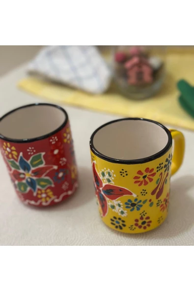 Çini El İşlemeli Seramik Dantel Desen 2li Sarı/Kırmızı Kupa Bardak - 2