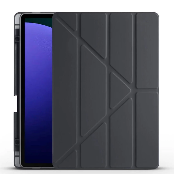 KNY Samsung Galaxy Tab S10 Ultra SM-X920 Kılıf Kalem Koymalı Standlı Arkası Silikon TriFolding Kılıf Siyah