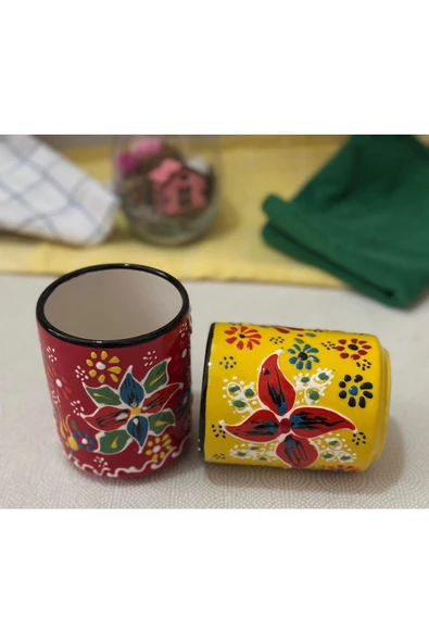 Çini El İşlemeli Seramik Dantel Desen 2li Sarı/Kırmızı Kupa Bardak