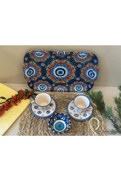 Nazar Boncuk İşlemeli 2 li Kahve Fincanı-Lokumluk-Tepsi / 4 lü Set