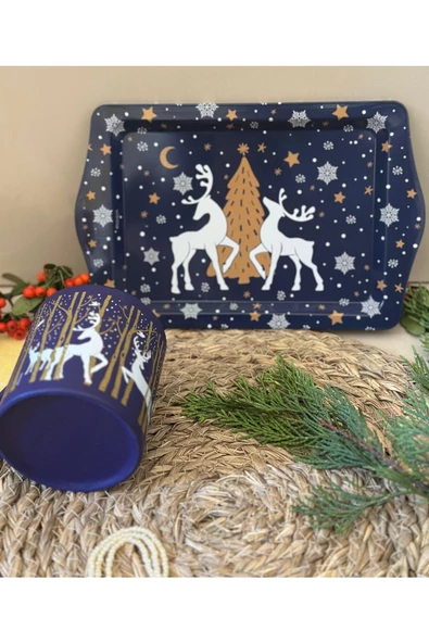 Yılbaşı ve Geyik Temalı Kupa Bardak ve Mini Sunum Tepsisi - 4