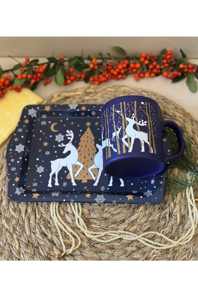 Yılbaşı ve Geyik Temalı Kupa Bardak ve Mini Sunum Tepsisi - 3