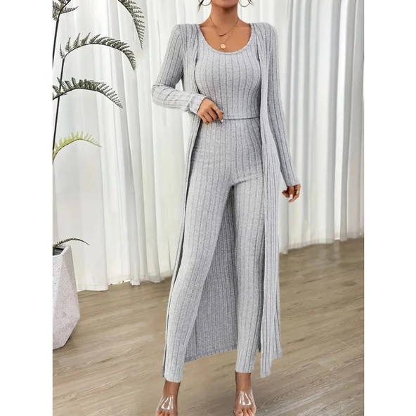 Lucky Life Yuvarlak Yaka Askılı Krop Bluz Yüksek Bel Tayt Ve Uzun Hırka şardonlu Kaşkorse üçlü Takım - Resim 2