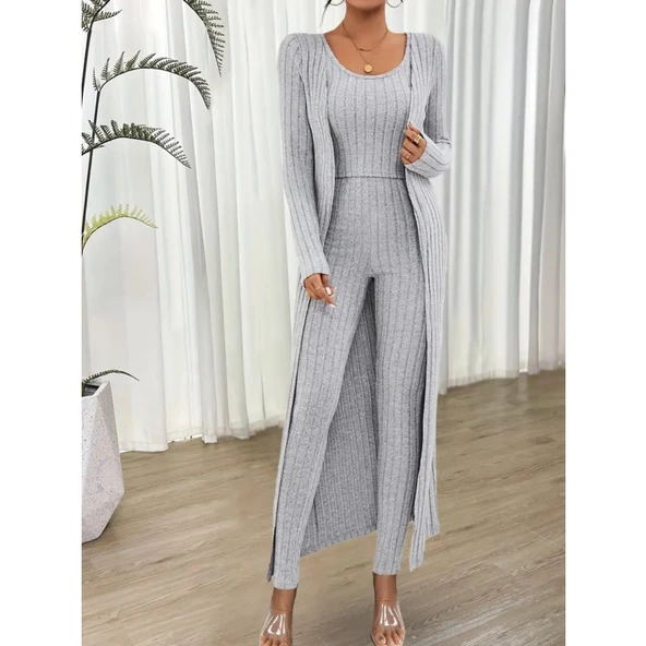 Lucky Life Yuvarlak Yaka Askılı Krop Bluz Yüksek Bel Tayt Ve Uzun Hırka şardonlu Kaşkorse üçlü Takım - Resim 3