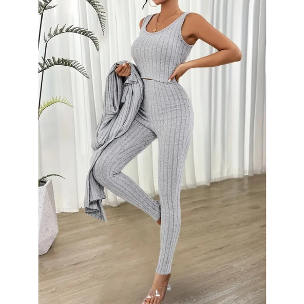 Lucky Life Yuvarlak Yaka Askılı Krop Bluz Yüksek Bel Tayt Ve Uzun Hırka şardonlu Kaşkorse üçlü Takım - Resim 4