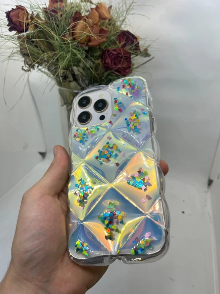 iPhone 14 Pro Max Hologram Puffer Kılıf Renkli Kalpler