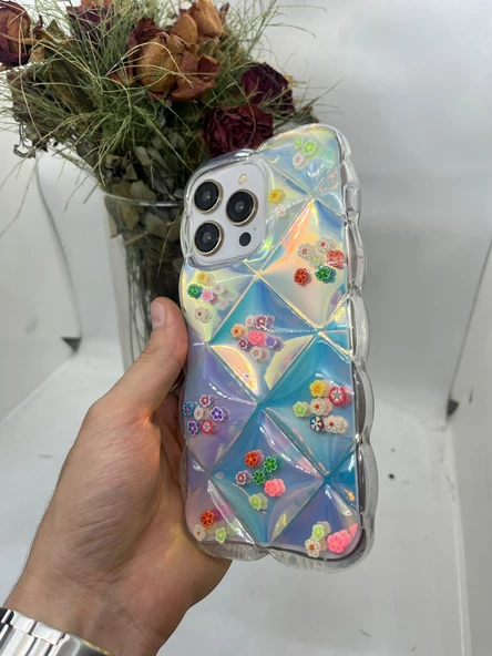 iPhone 14 Pro Hologram Puffer Kılıf Çiçek