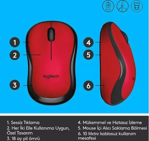 Logitech M220 910-004880 Kırmızı Sessiz Optik Kablosuz Mouse - 6