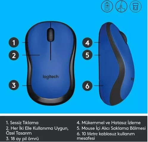Logitech M220 910-004880 Mavi Sessiz Optik Kablosuz Mouse - 6