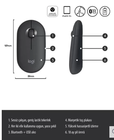 Logitech Pebble M350 Sessiz Optik Kablosuz Mouse - Siyah - 3