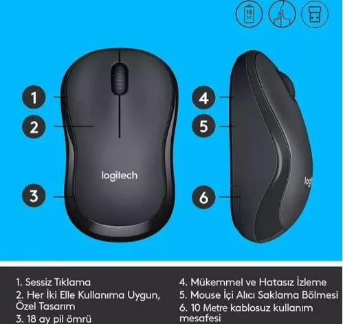 Logitech M220 Sessiz Kompakt Kablosuz Mouse - Siyah - 6