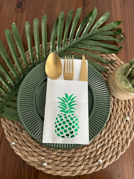 Yeşil Yaldızlı Beyaz Cepli Ananas Peçete 12 Adet 40x40