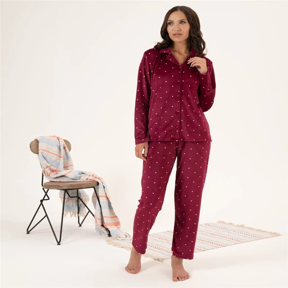 Estiva Yıldız Desen Önden Düğmeli Kadife Bayan Pijama Takım - 2