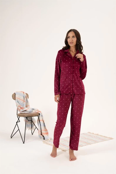 Estiva Yıldız Desen Önden Düğmeli Kadife Bayan Pijama Takım - 5