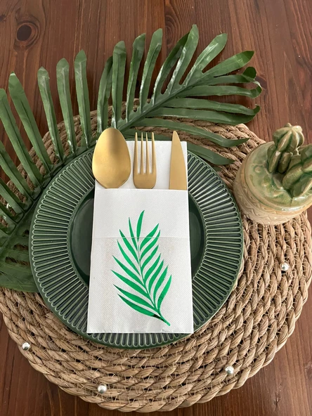 Yeşil Yaldızlı Beyaz Yaprak Cepli Aır Touch Peçete 12 lı 40x40 ürün görseli 1