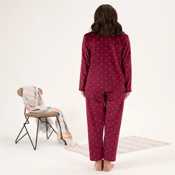 Estiva Yıldız Desen Önden Düğmeli Kadife Bayan Pijama Takım - 3