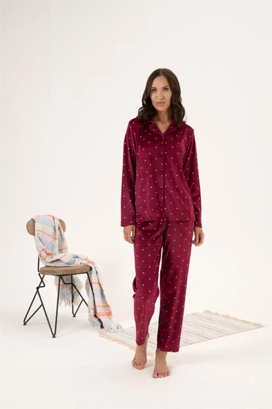 Estiva Yıldız Desen Önden Düğmeli Kadife Bayan Pijama Takım - 4